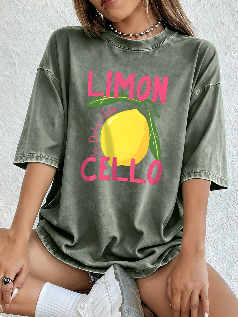 Limon Cello La Dolce Vita Prints Washed T-Shirt Women Cotton Oversize