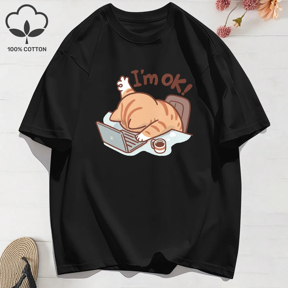 100% Cotton Womens T-Shirts Summer Fun Cat I'M Ok Printing T Shirt Comfortable Soft O-Neck Tops Holiday Casual Womans Clothes