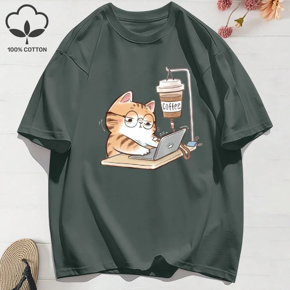 100% Cotton Womens T-Shirts Summer Work Cats That Cannot Do Without Coffee Prints T Shirt Soft Loose O-Neck Tops Basic Clothes