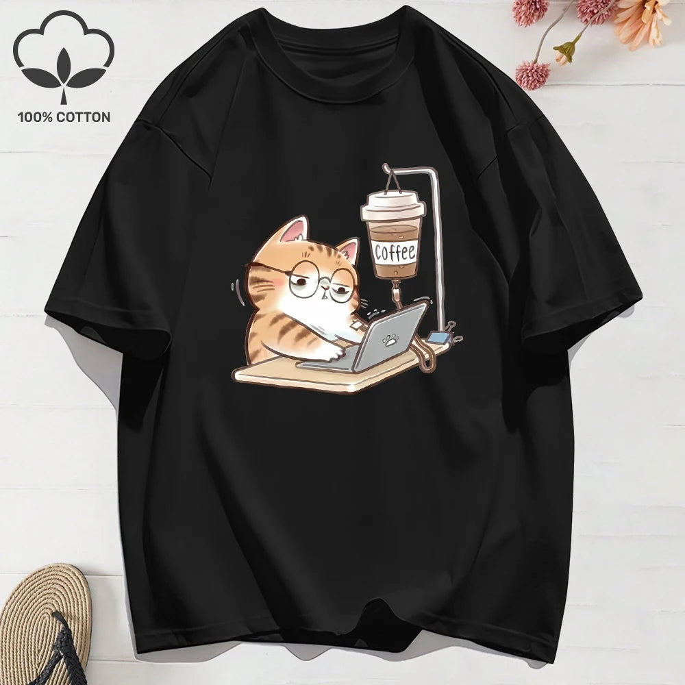 100% Cotton Womens T-Shirts Summer Work Cats That Cannot Do Without Coffee Prints T Shirt Soft Loose O-Neck Tops Basic Clothes