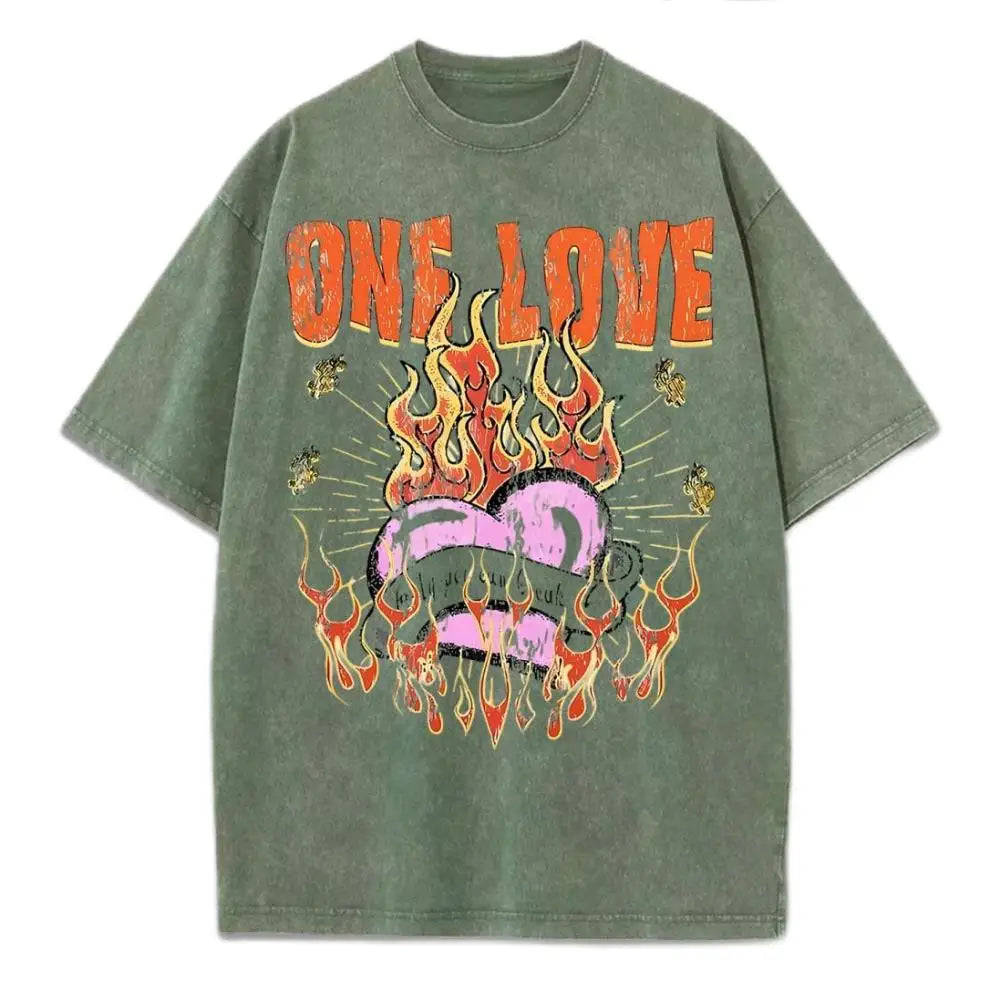 One Love Printing Washed T-Shirt Womens Hip Hop Cotton T Shirts Crewneck Oversized Acid Wash Tops Summer Casual Womans Clothes