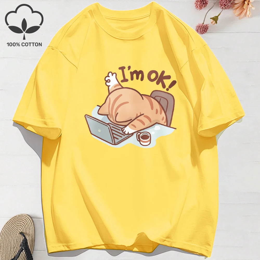 100% Cotton Womens T-Shirts Summer Fun Cat I'M Ok Printing T Shirt Comfortable Soft O-Neck Tops Holiday Casual Womans Clothes