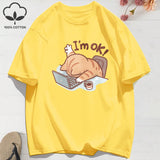 100% Cotton Womens T-Shirts Summer Fun Cat I'M Ok Printing T Shirt Comfortable Soft O-Neck Tops Holiday Casual Womans Clothes