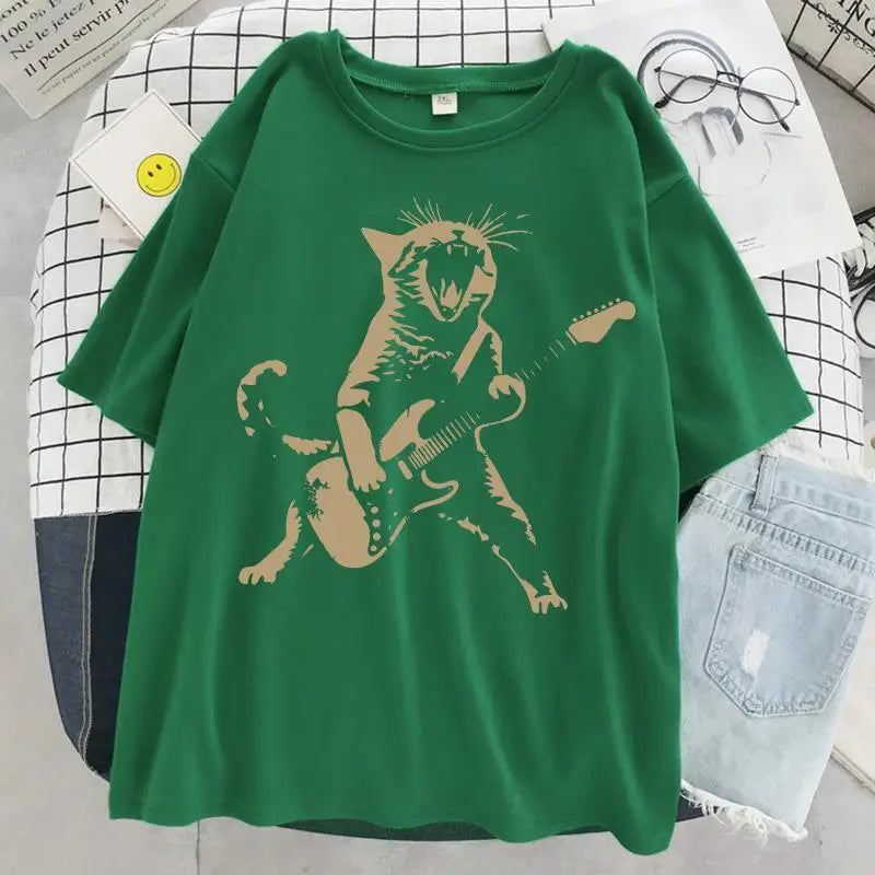 A Cat Playing Guitar Printing T-Shirt Women Street Summer Tshirts Soft Breathable Tee Clothing Cool Casual Fashion Short Sleeve