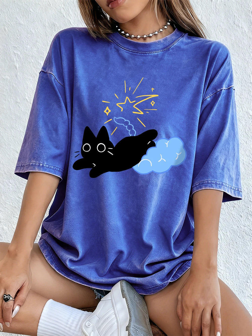 Black Kitten Stepping On Clouds Prints Washed T-Shirt Women Cotton Oversize Tops Summer Distressed O-Neck T Shirt Casual Clothes