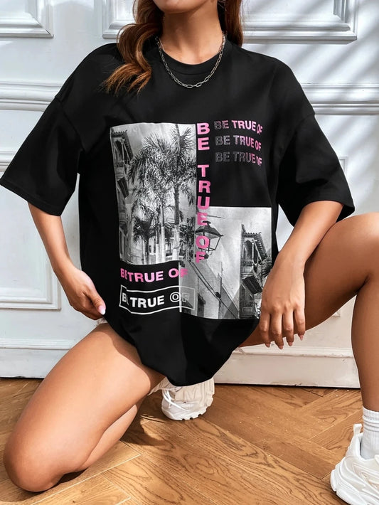 Graphic & Letter Print Crew Neck T-Shirt Women Summer O-Neck T Shirts Cotton Plus Size Short Sleeve Sport Casual Shirt