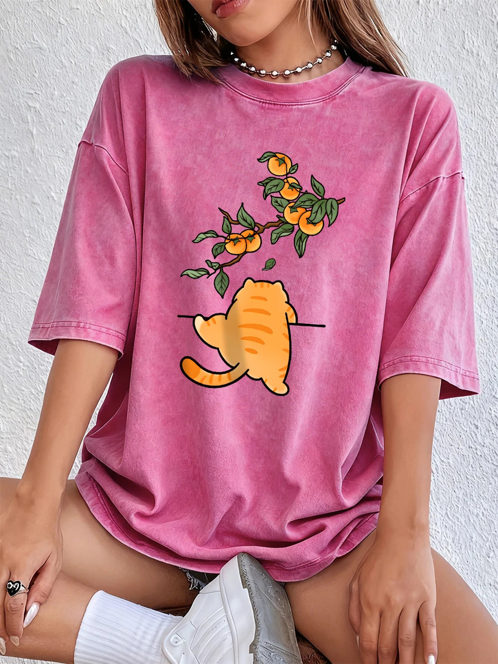 A Cat Climbing The Wall Cotton Washed T-Shirt Women Summer Oversized Tops Street Distressed O-Neck T Shirt Casual Woman Clothes