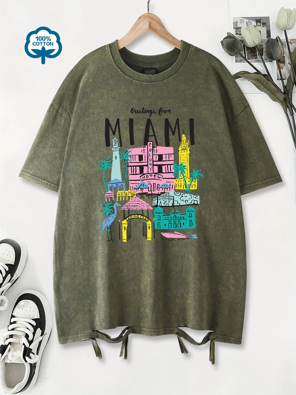 Greetings From Miami Women's Cotton Washed T-Shirt Oversized