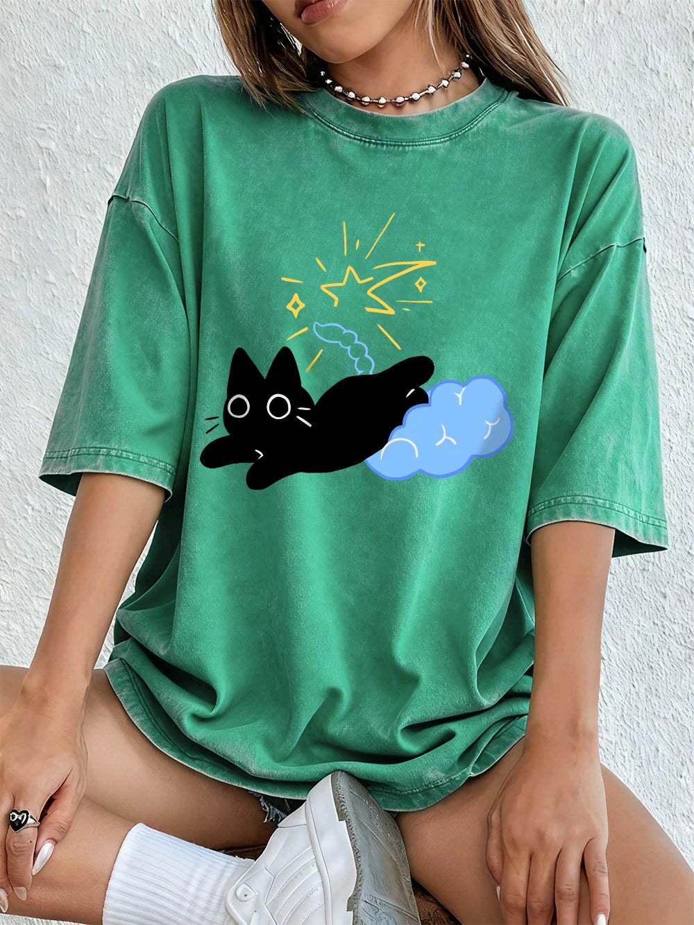 Black Kitten Stepping On Clouds Prints Washed T-Shirt Women Cotton Oversize Tops Summer Distressed O-Neck T Shirt Casual Clothes