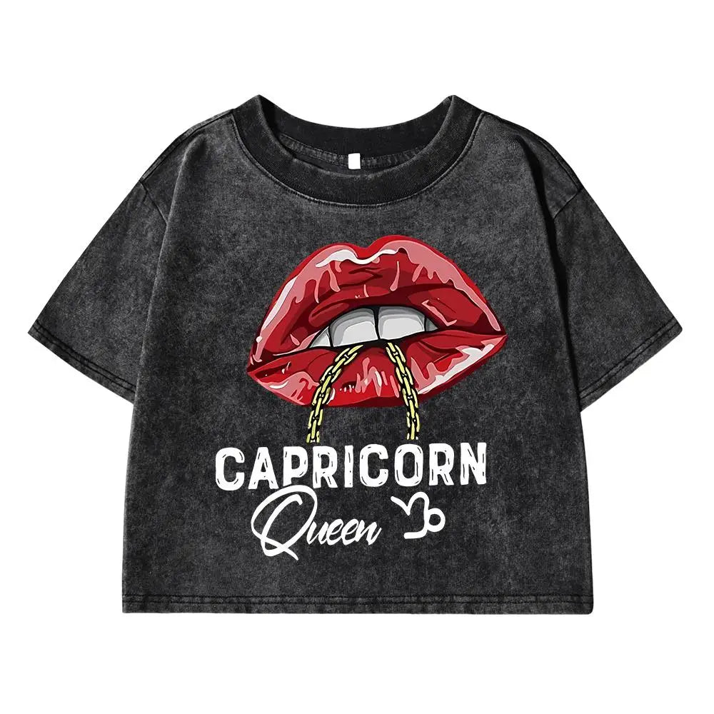 Capricorn Funny Printing Female Washed Short T Shirts Hip Hop Breathable T-Shirt Street Summer Clothes Fashion Distress Tshirts