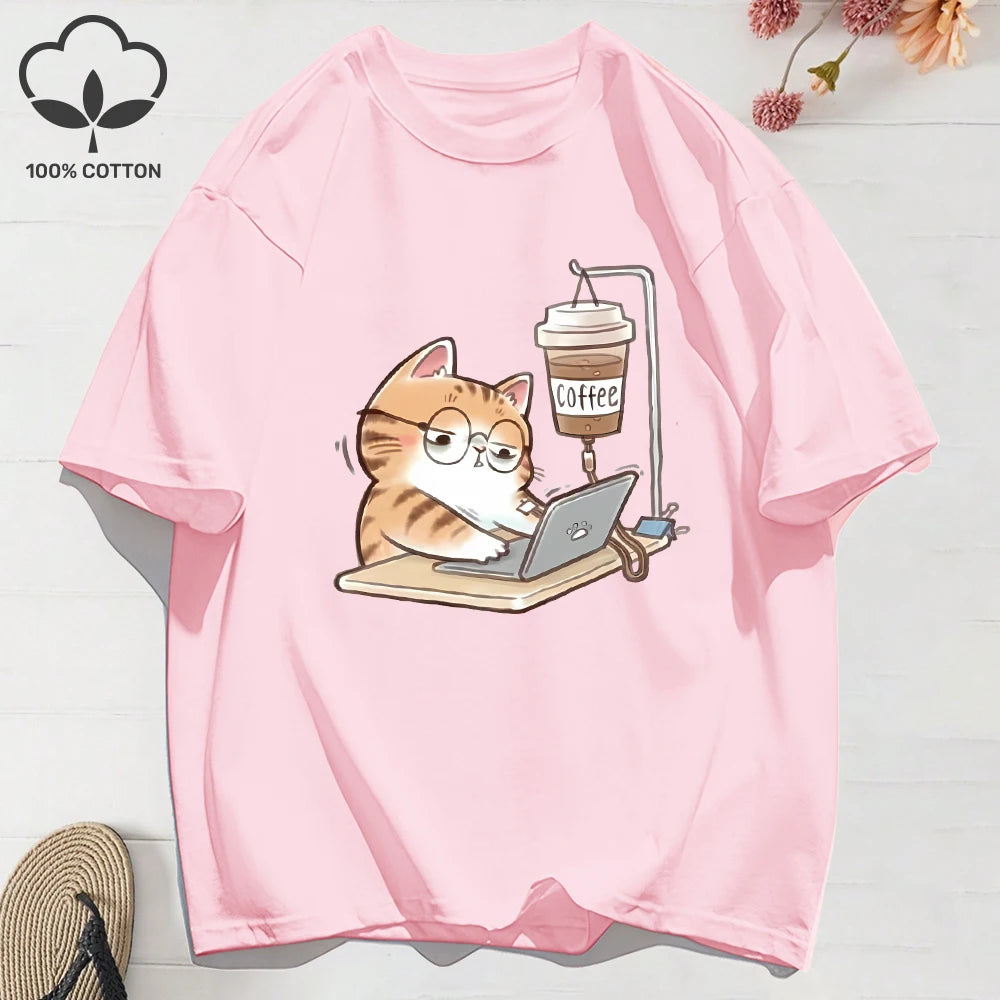100% Cotton Womens T-Shirts Summer Work Cats That Cannot Do Without Coffee Prints T Shirt Soft Loose O-Neck Tops Basic Clothes