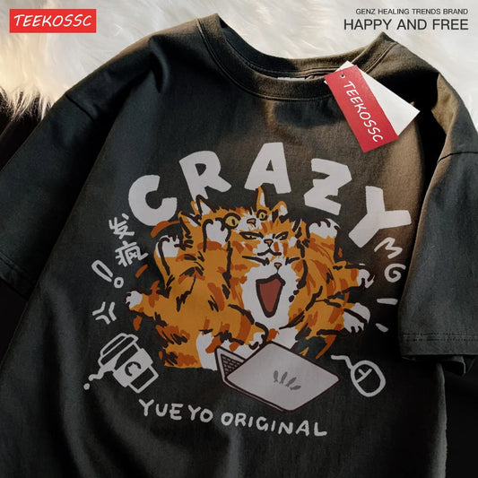 Crazy Orange Cat Light Green Funny Cat Women's Cotton T-Shirt