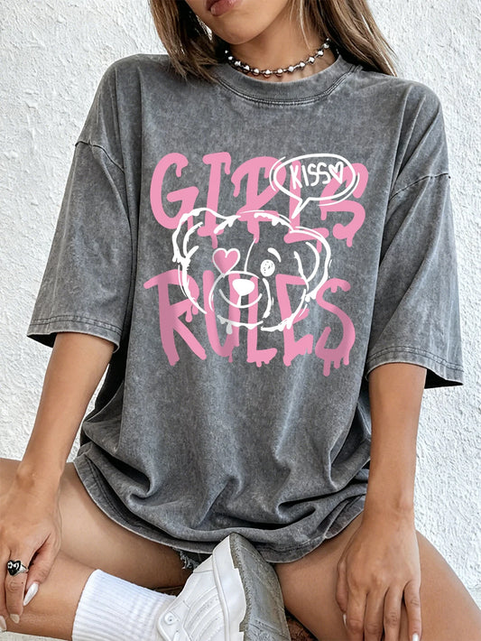 Girls Rules Pink Love Bear Women's Oversized Cotton Washed T-Shirt