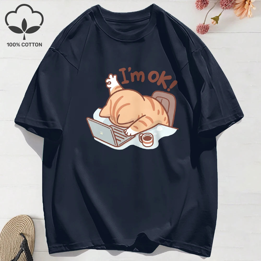100% Cotton Womens T-Shirts Summer Fun Cat I'M Ok Printing T Shirt Comfortable Soft O-Neck Tops Holiday Casual Womans Clothes