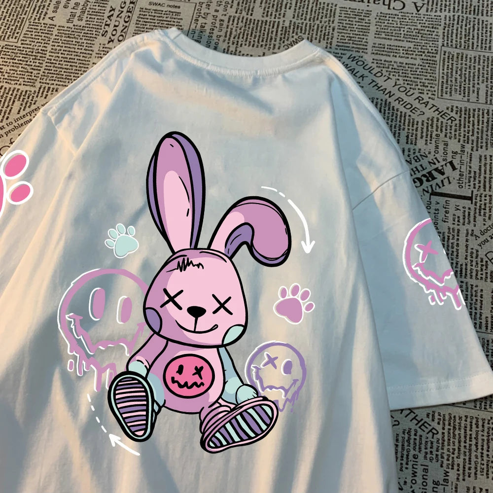 Novelty Fashion Cartoon Rabbit Pattern Print Women Short T-Shirt Summer Casual T Shirts Street Hip Hop Tops Breathable Soft Tees