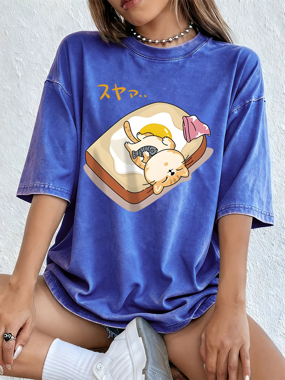 A Cat Sleeping Cotton Washed T-Shirts Womens Summer Oversized Tops Comfortable Distressed O-Neck T Shirt Casual Woman Clothes