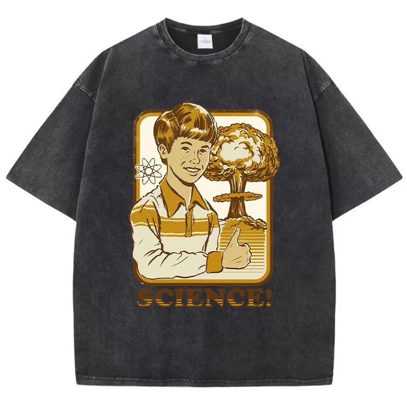 Science Cartoon Printing Women Washed T Shirts Breathable Summer T-Shirt Street Fashion Tees O-Neck Soft Distress Short Sleeve