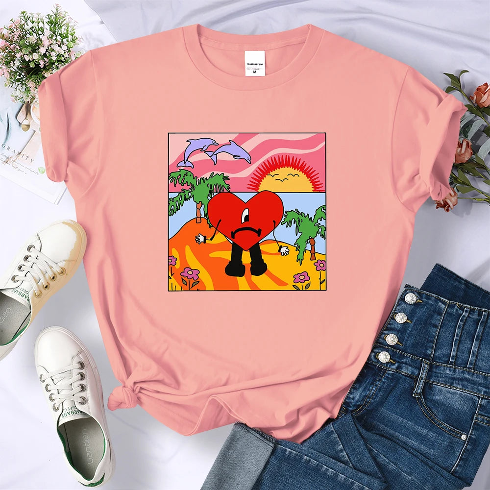 Bad Bunny Sad Love Heart Beach Sun Dolphin Palm Tree Tee Shirt New Loose T-shirts Hip Hop Street Tops Multicolor Womens Clothing