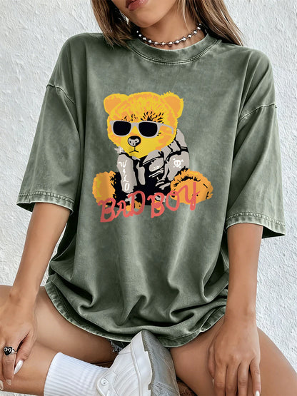 A Teddy Bear Wearing Glasses Washed T-Shirt Women Cotton Oversized Tops Comfortable Distressed O-Neck T Shirt Summer Clothes