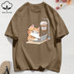 100% Cotton Womens T-Shirts Summer Work Cats That Cannot Do Without Coffee Prints T Shirt Soft Loose O-Neck Tops Basic Clothes