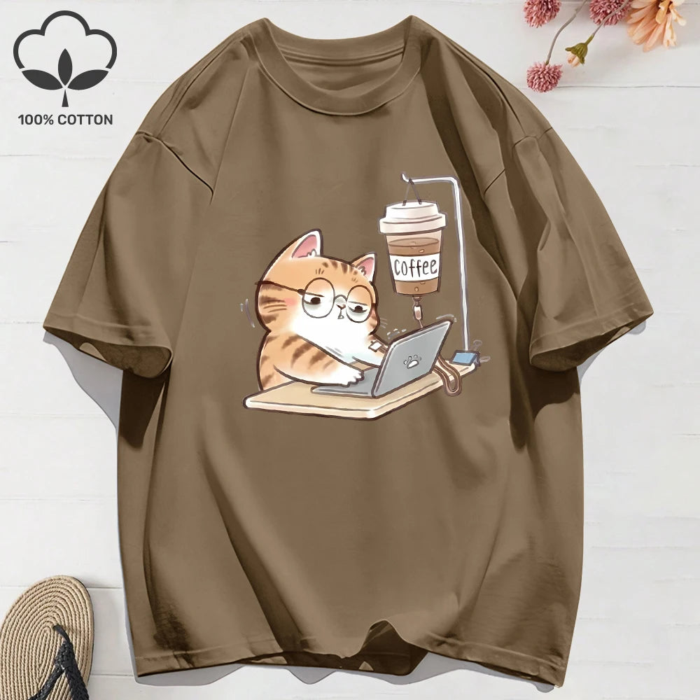 100% Cotton Womens T-Shirts Summer Work Cats That Cannot Do Without Coffee Prints T Shirt Soft Loose O-Neck Tops Basic Clothes