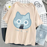 The Moon Cat Funny Print T-Shirt Women Street Summer Oversize Tops Fashion Hip Hop Tee Clothes Breathable Casual T Shirt New