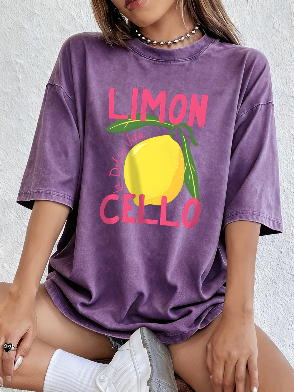 Limon Cello La Dolce Vita Prints Washed T-Shirt Women Cotton Oversize