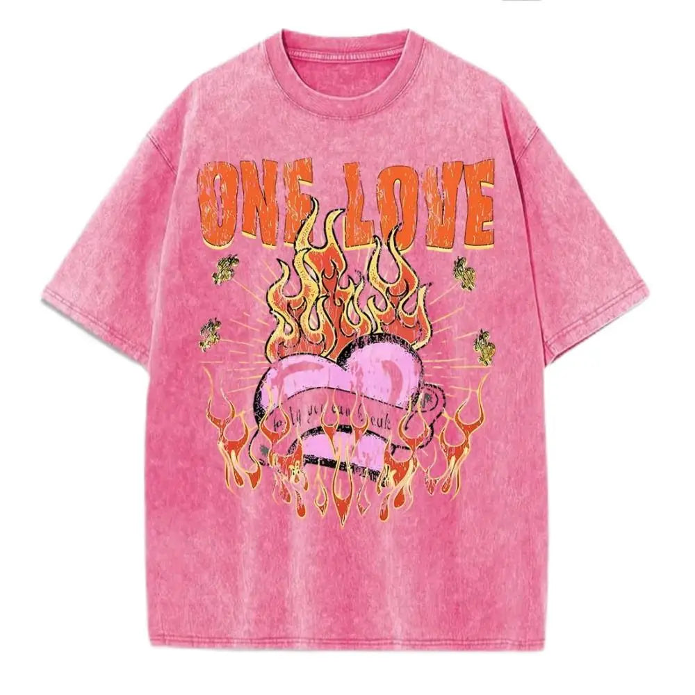 One Love Printing Washed T-Shirt Womens Hip Hop Cotton T Shirts Crewneck Oversized Acid Wash Tops Summer Casual Womans Clothes