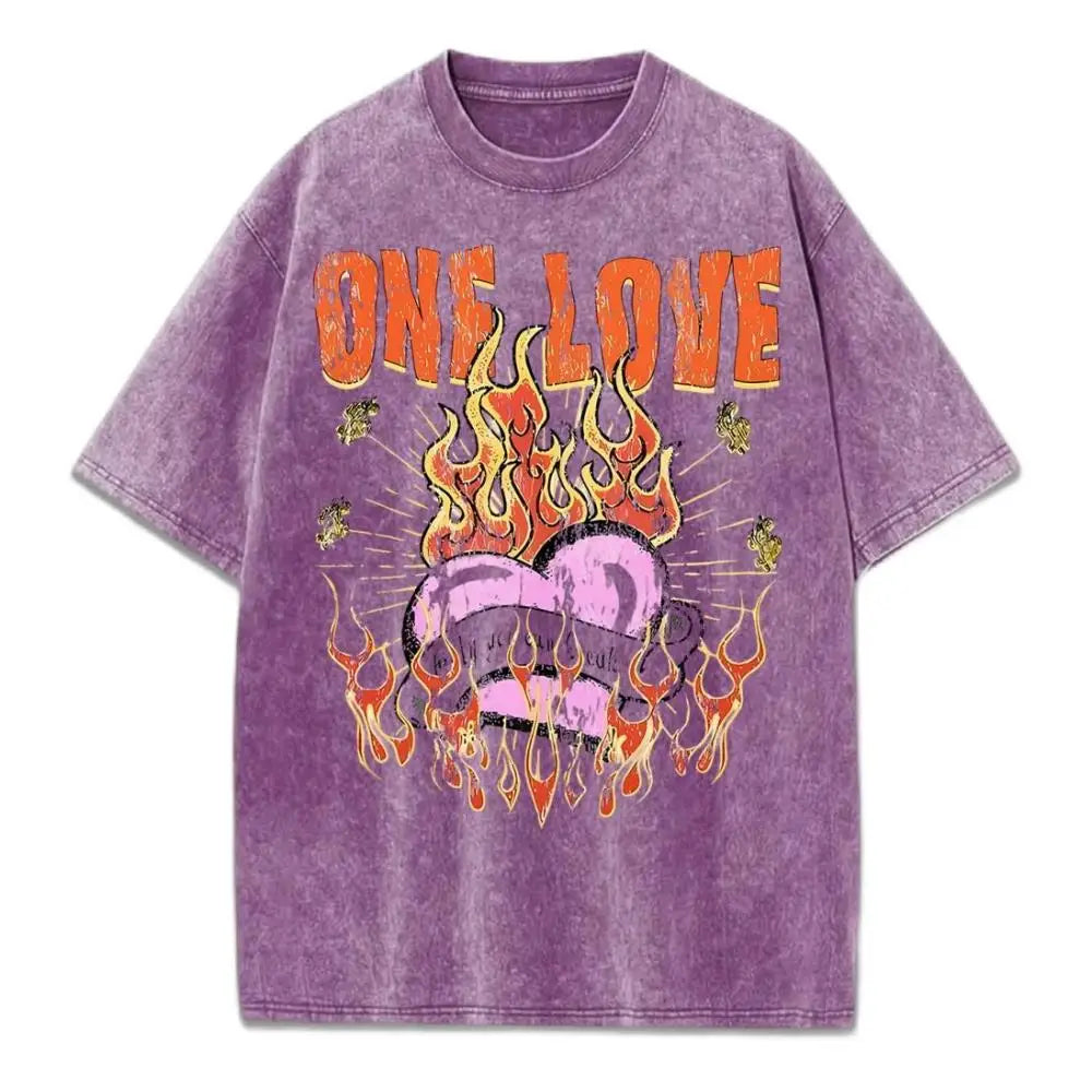 One Love Printing Washed T-Shirt Womens Hip Hop Cotton T Shirts Crewneck Oversized Acid Wash Tops Summer Casual Womans Clothes