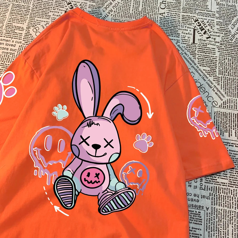 Novelty Fashion Cartoon Rabbit Pattern Print Women Short T-Shirt Summer Casual T Shirts Street Hip Hop Tops Breathable Soft Tees