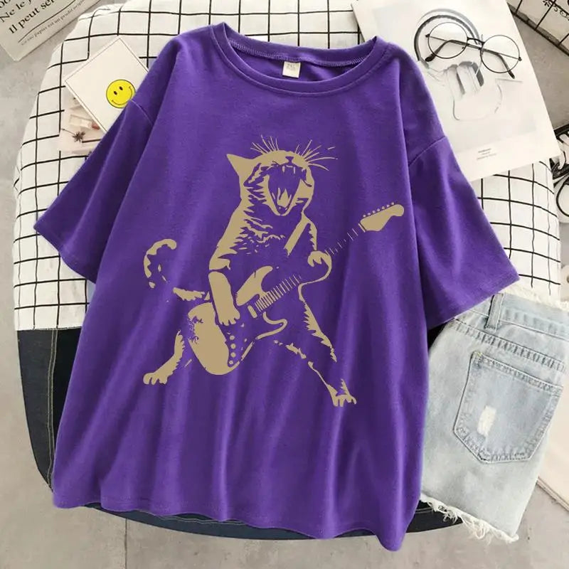 A Cat Playing Guitar Printing T-Shirt Women Street Summer Tshirts Soft Breathable Tee Clothing Cool Casual Fashion Short Sleeve