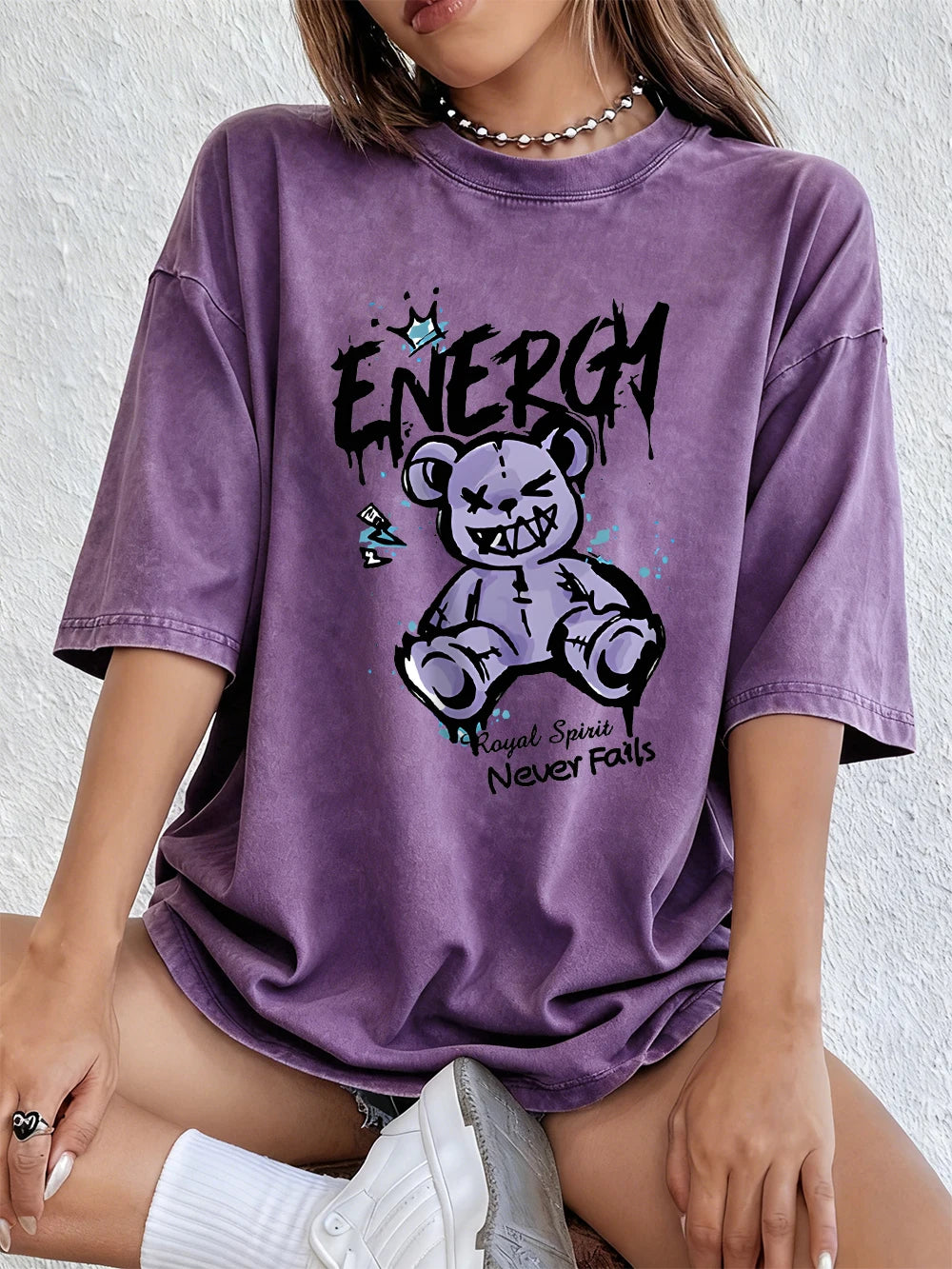 Energy Cute Bear Cotton Washed T-Shirt Womens