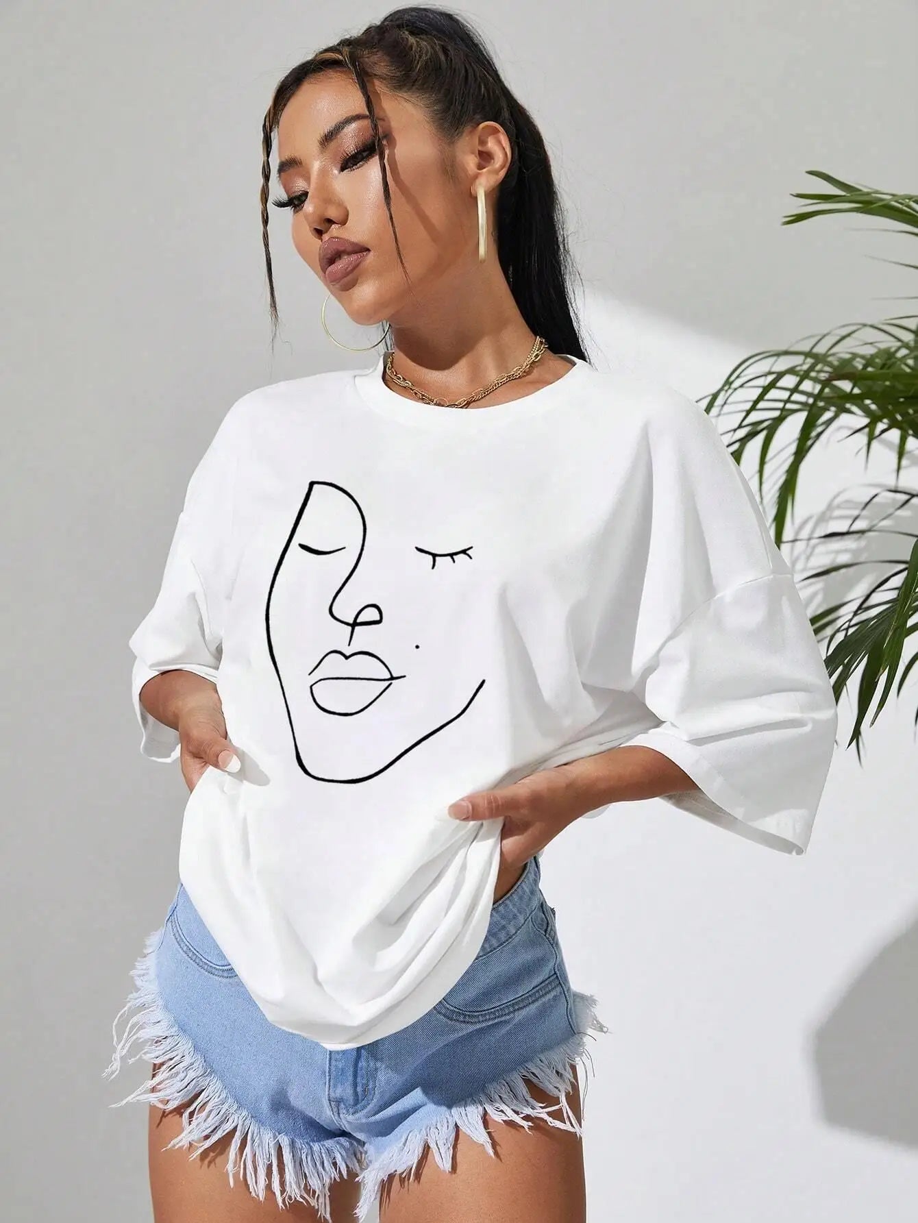 Simple Line Pattern Women's Face Printing tees Cotton Women T-Shirts Casual Soft Short Sleeve Tops Loose Comfortable Clothes