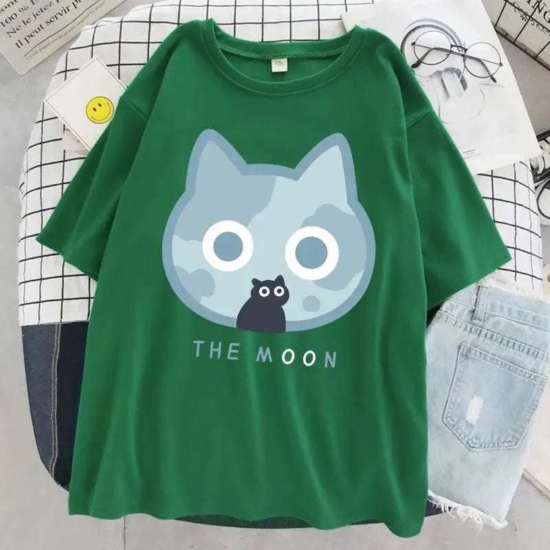 The Moon Cat Funny Print T-Shirt Women Street Summer Oversize Tops Fashion Hip Hop Tee Clothes Breathable Casual T Shirt New