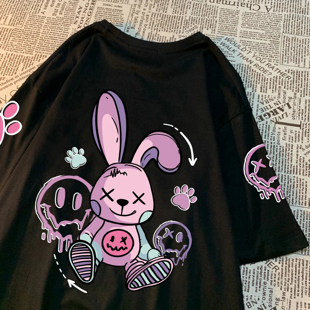 Novelty Fashion Cartoon Rabbit Pattern Print Women Short T-Shirt Summer Casual T Shirts Street Hip Hop Tops Breathable Soft Tees