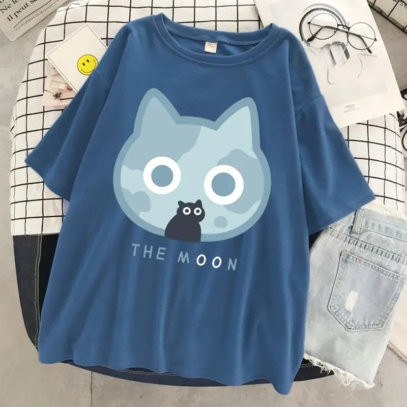 The Moon Cat Funny Print T-Shirt Women Street Summer Oversize Tops Fashion Hip Hop Tee Clothes Breathable Casual T Shirt New