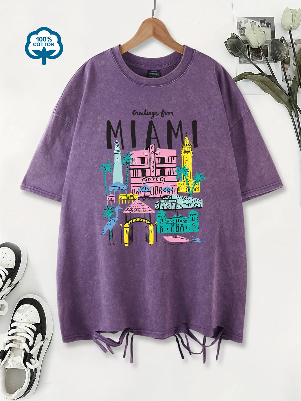 Greetings From Miami Women's Cotton Washed T-Shirt Oversized