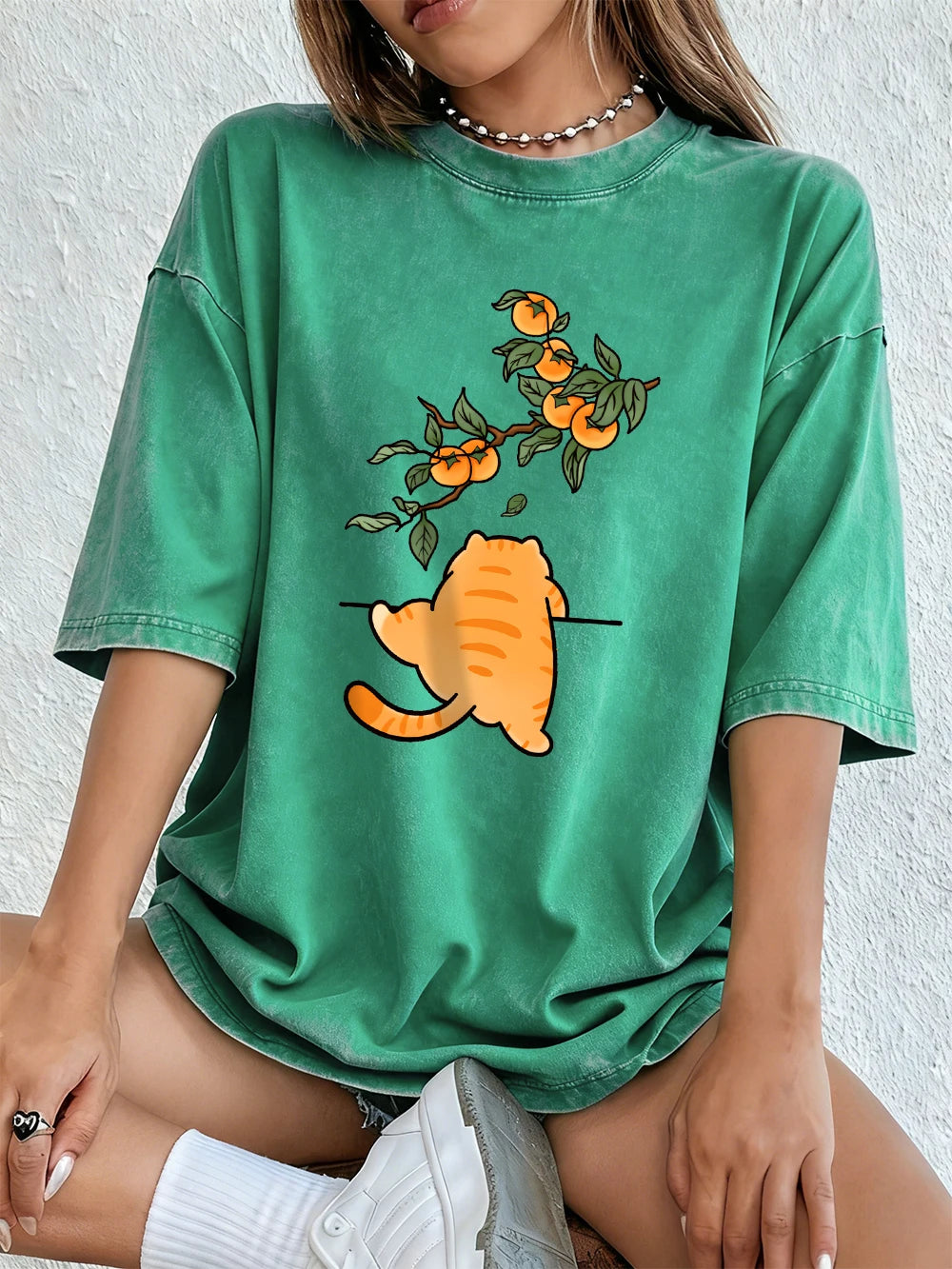 A Cat Climbing The Wall Cotton Washed T-Shirt Women Summer Oversized Tops Street Distressed O-Neck T Shirt Casual Woman Clothes
