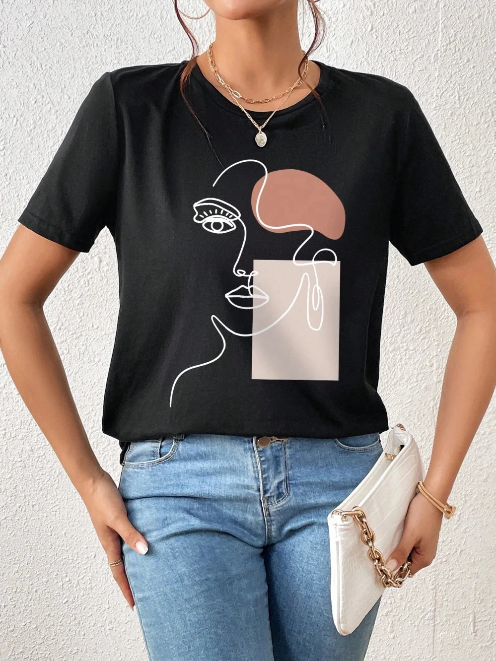 100% Cotton Women T-Shirts Fashion Simple Women's Face Print Tees Casual Soft Short Sleeve Tops Loose Comfortable Street Clothes