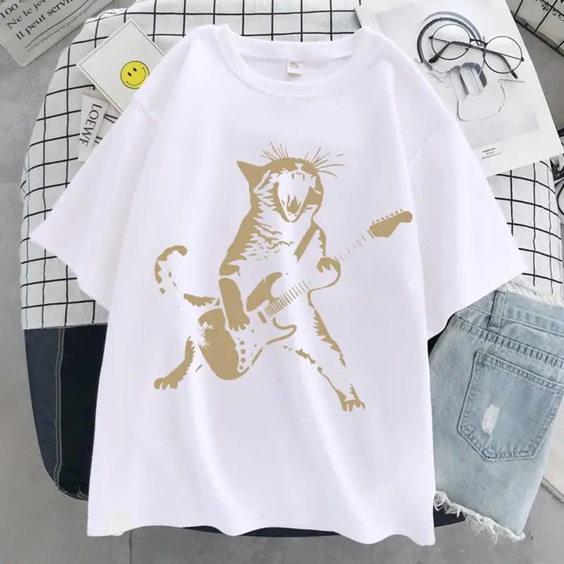 A Cat Playing Guitar Printing T-Shirt Women Street Summer Tshirts Soft Breathable Tee Clothing Cool Casual Fashion Short Sleeve