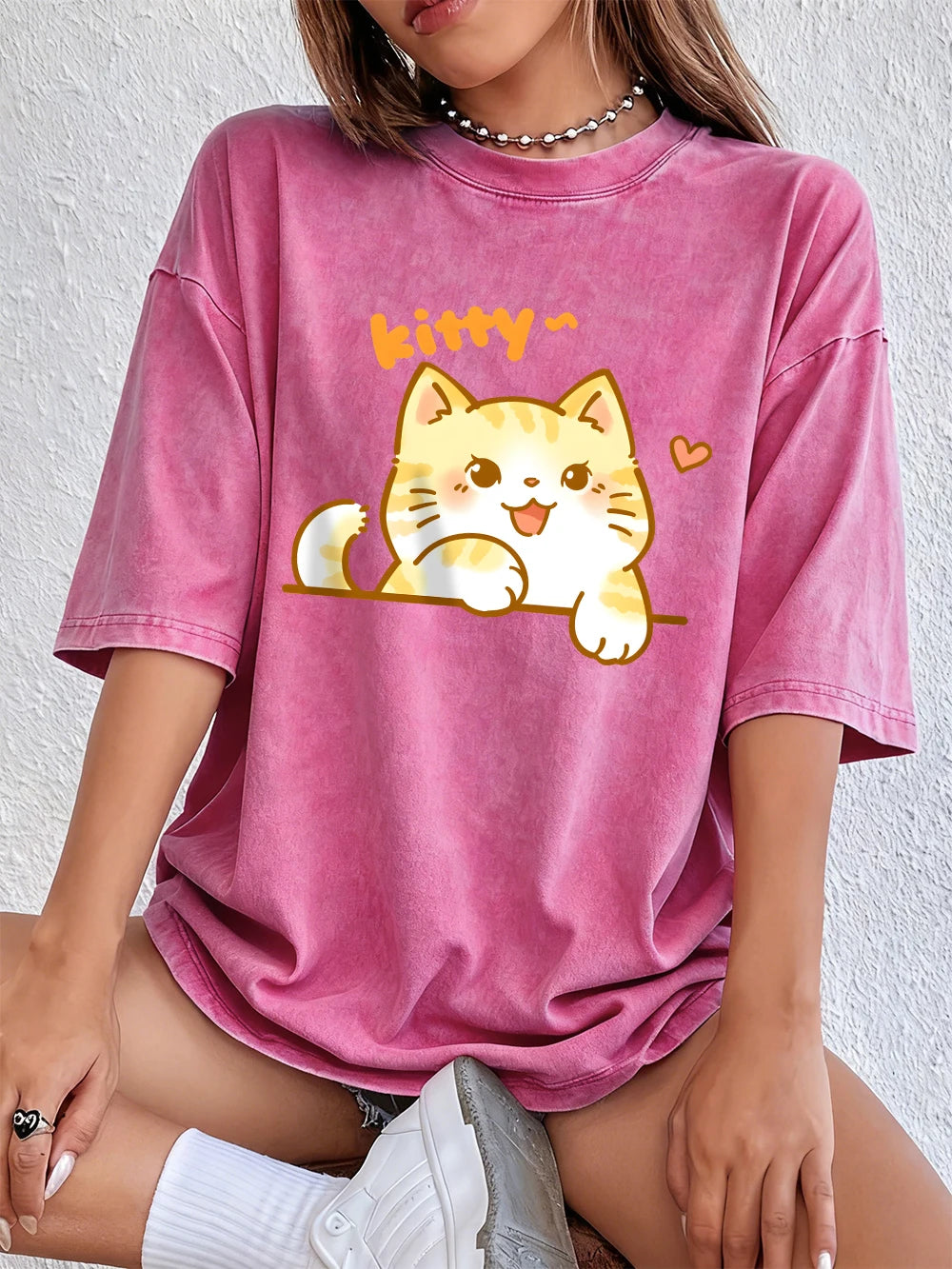 Kawaii Orange Cat Women's Cotton Washed T-Shirt Oversized