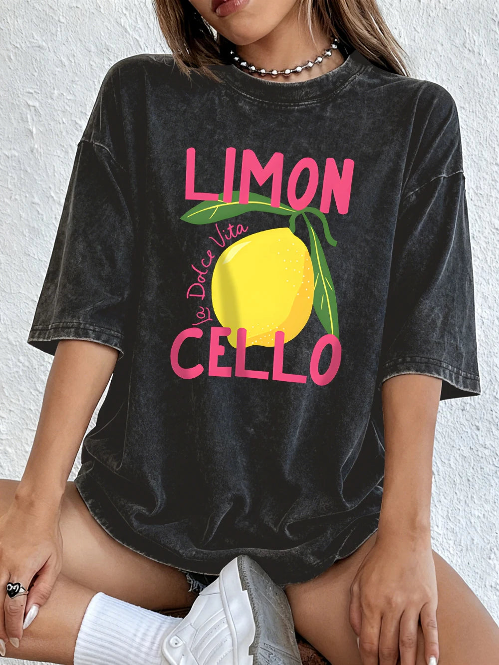 Limon Cello La Dolce Vita Prints Washed T-Shirt Women Cotton Oversize