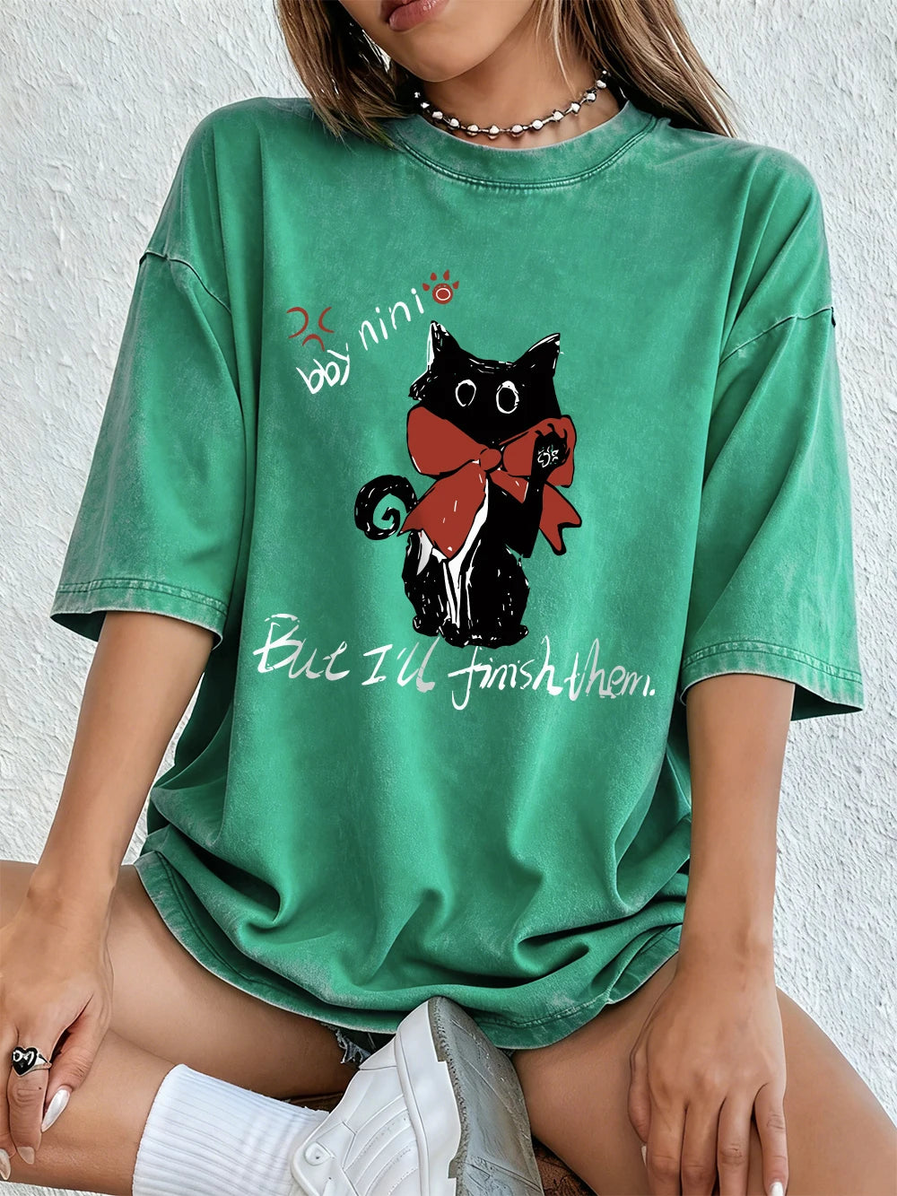 I'll Finish Them Black Cat Women's Cotton Washed T-Shirt Oversized