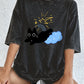 Black Kitten Stepping On Clouds Prints Washed T-Shirt Women Cotton Oversize Tops Summer Distressed O-Neck T Shirt Casual Clothes