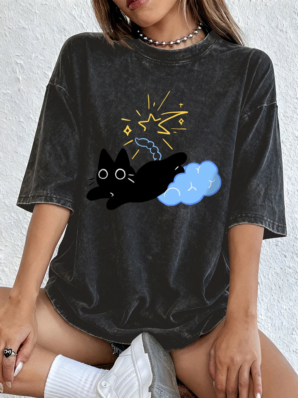 Black Kitten Stepping On Clouds Prints Washed T-Shirt Women Cotton Oversize Tops Summer Distressed O-Neck T Shirt Casual Clothes