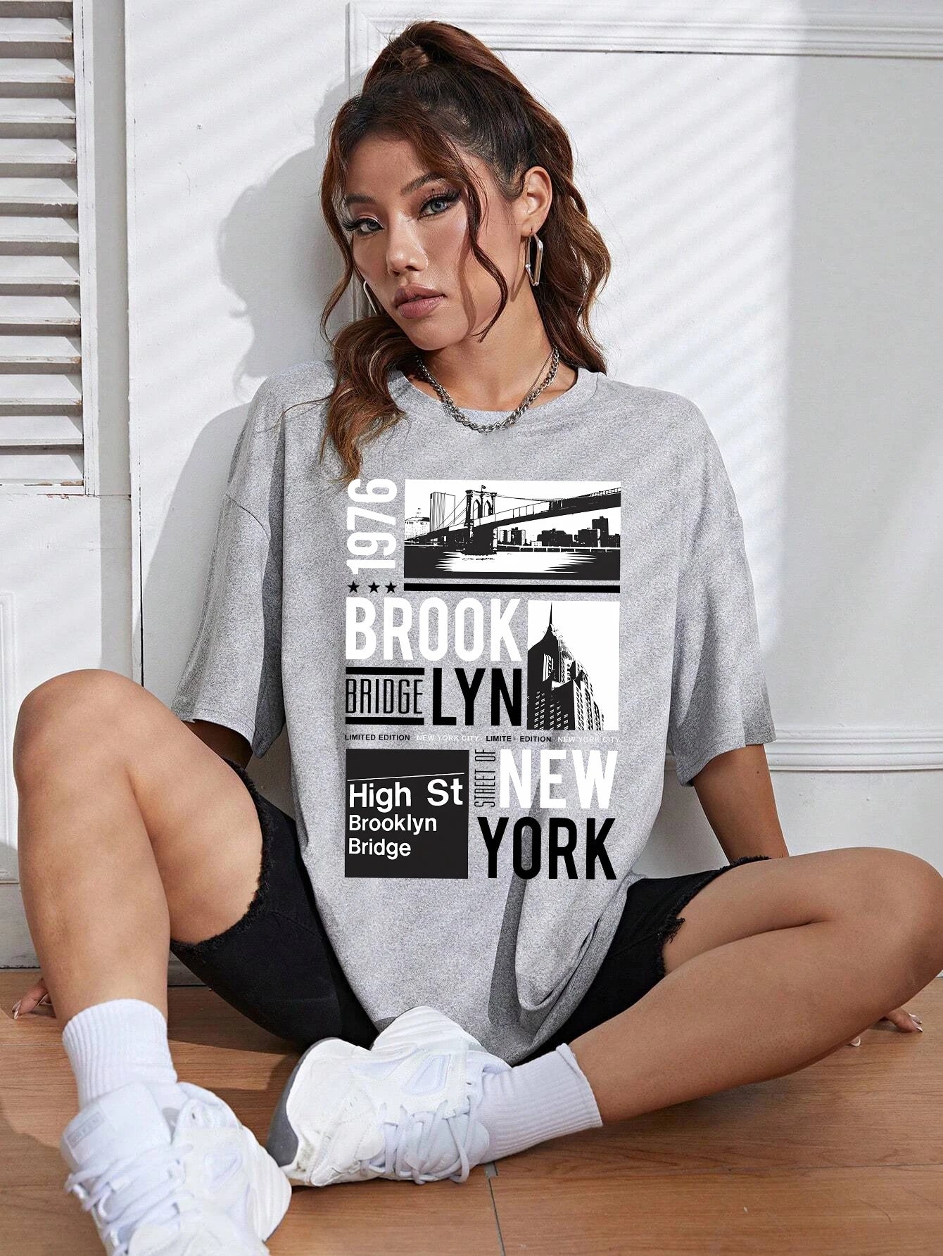 New York Brooklyn 1976 Printing Women T-Shirt Creativity Casual Tee Shirts Street Hip Hop Short Sleeve Basic All-Match Tshirts