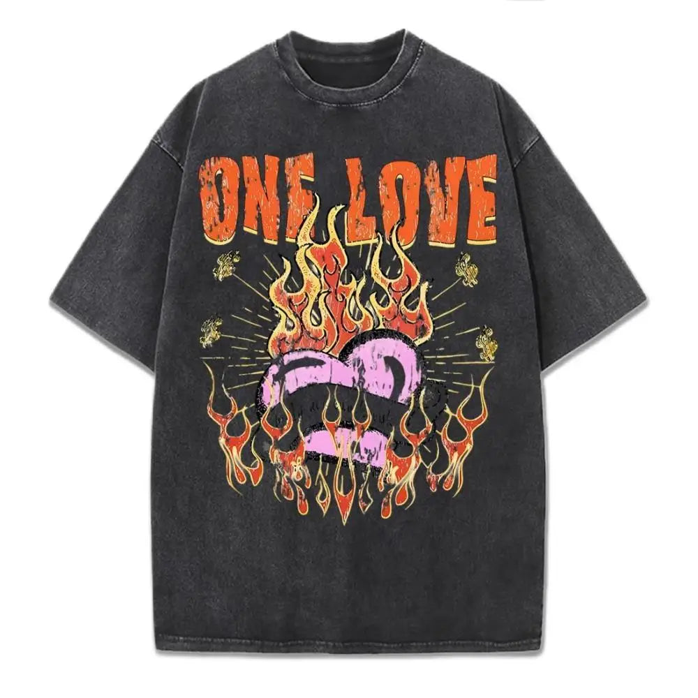One Love Printing Washed T-Shirt Womens Hip Hop Cotton T Shirts Crewneck Oversized Acid Wash Tops Summer Casual Womans Clothes