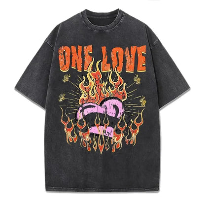 One Love Printing Washed T-Shirt Womens Hip Hop Cotton T Shirts Crewneck Oversized Acid Wash Tops Summer Casual Womans Clothes
