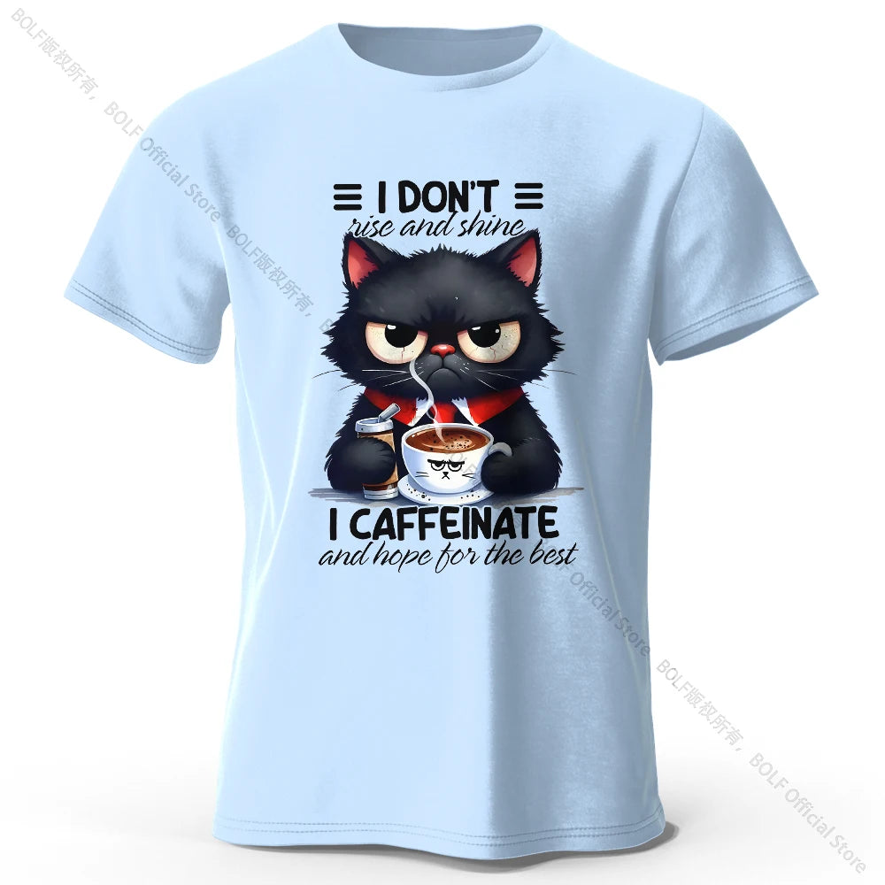 Coffee Loving Cat Print 100% Cotton T-Shirt