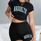 1898 Brooklyn New York Print Summer Women Slim T-Shirts & Pants 2 Pieces Set Crop Tops Trend High Elastic Fashion Casual Clothes